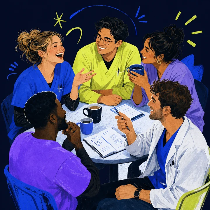 Illustration of dental peers sharing a conversation around a table